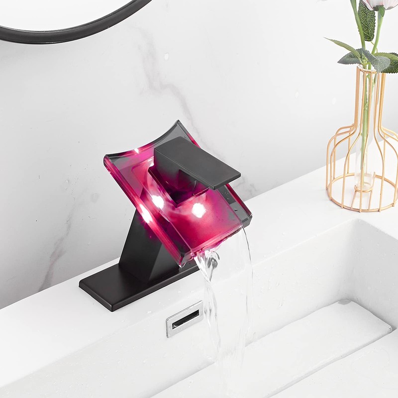 Bathroom Faucet Black Led Light 3 Color Changing Waterfall Glass