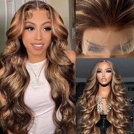 Blonde Highlight 13x4 Body Wave Lace Front Wig Human Hair HD Transparent 4/27 Body Wave Highlight Wig 180% Density Natural Long Wavy Honey Blonde Ombre Brown Lace Front Wigs Pre Plucked