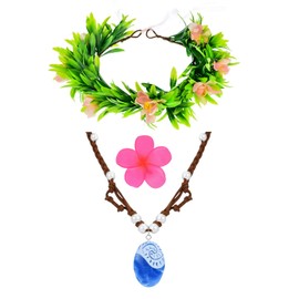 DDazzling Hawaii Flowers Garland Headdress Flower Clip with Moana Necklace Party Theam Dress Up Accessory Set (Green Pink Blue)