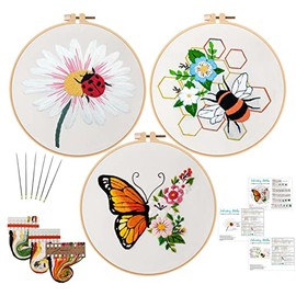 Nuberlic 3 Pack Funny Embroidery Kits for Beginner Adults, Stamped Cross Stitch for Embroidery Starters with Cute Bees Butterfly Patterns Include Embroidery Hoop Cloth Thread Needles and Instructions