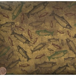 Clothworks Elk Mountain fish toss dark caramel fabric  fabric