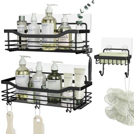 Orimade Shower Caddy Basket Shelf,3-Pack Adhesive Shower Organizer with Soap Dish Holder, No Drilling Wall Mounted Rustproof Stainless Steel Shower Shelves with 7 Hooks,for Bathroom,Matt Black