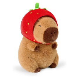 Capybara Kuscheltier, 25cm Capybara Plüschtier Con Abnehmbarer Erdbeerhut, Simulation Kawaii Stofftier Capybara, Kissen Spielzeug Wurfkissen Geschenk für Kinder Mädchen, Jungen, 3+ Jahre, Erwachsener