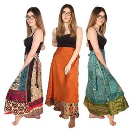 Boho Sari Silk Long Wrap Skirts - Set of 3 Multi