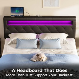 GREENSTELL Headboard for Full Size Bed with 60,000 DIY Color of LED Light, USB & Type C Post, Attach Frame, Height Adjustable, Black Wall Mounted Head Boards Only, Sturdy & Stable, Comfortable, Full