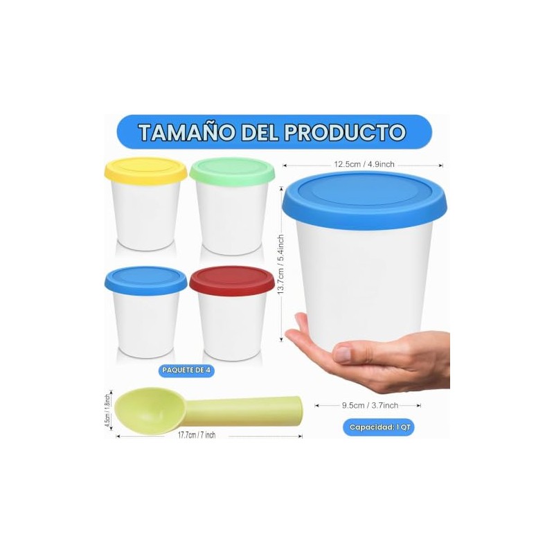 4 Envases Reutilizables para Helados 1Qt con Tapa de Silicona