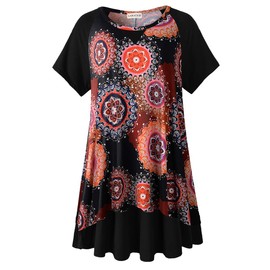 LARACE Plus Size Tops for Womens Summer Short Sleeve Tunic Shirts Crew Neck Leopard Color Block Tee Boho Floral Blouse(4X,A-Black19)