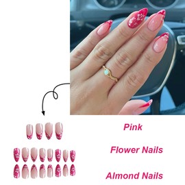 24 Pcs French Press on Nails Medium Almond Fake Nails Pink RIICFDD False Nails with Adorable Flowers Pattern Designs Acrylic Nails Full Cover Stick on Nails for Women and Girls Nail Decoration