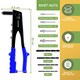 BLOSTM Pop Rivet Gun Set - 100 PCS Pop Rivets in 4 Sizes (2.4mm 3.2mm 4mm 4.8mm) Pop Riveter Gun, 4 Rivet Nosepieces, 4 Drill Bits - Hand Riveter for Metal, Plastic, Auto Repairs, Furniture (Blue)