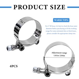 MUQIDA 4 PCS 1.5" T-Bolt Hose Clamp, Stainless Steel Adjustable Pipe Clamp with Working Range 46-52mm, Heavy-Duty Turbo Intake Intercooler Clamps Insert Locknut for 1.5" Hose ID
