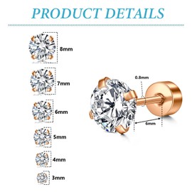 LAURITAMI 6Pcs Stud Earrings for Women Men 20G Stainless Steel Cartilage Earrings with Sparkling Cubic Zirconia, Rose Gold Helix Earrings for Every Occasion