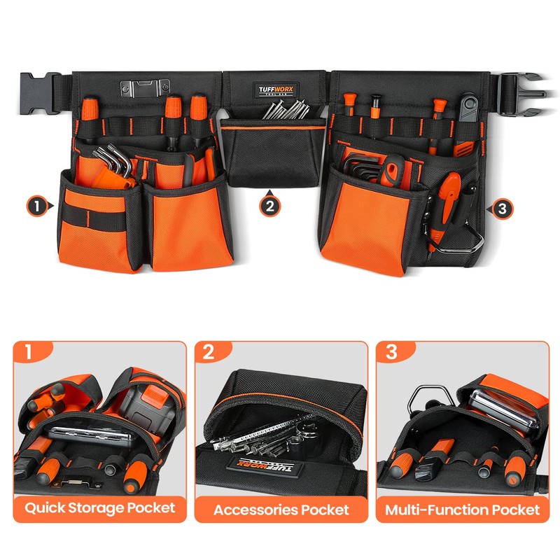 TUFFWORX Tool Belt with Multiple Pockets, Heavy Duty Construction Pouch,