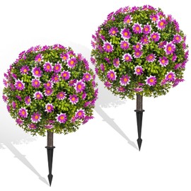 Grewyear Artificial Plants Outdoor Boxwood Topiary Ball Trees with Flower Set of 2, UV Resistant Outdoor Faux Plants with Spike, Fake Round Flower Shrub Bushes for Front Porch (Purple Sunflower)