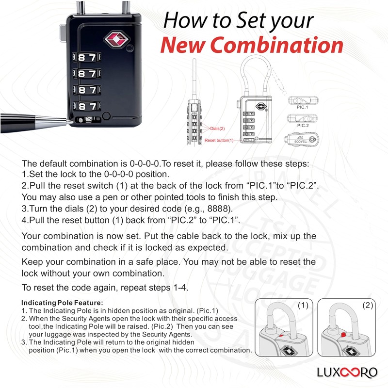 LUXOORO TSA Approved Luggage Lock with Alert Indicator, 4-Digit Resettable