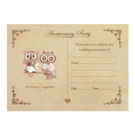 Artstore Vintage Owls 25th Wedding Anniversary Invitations With Brown Kraft Envelopes - Pack of 20