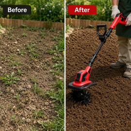 Cordless Electric Garden Tiller for Soil Cultivation – Anti-Tangle Blades and Adjustable Handle for Small Gardens