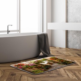 GCTNBJL Italian Bath Mat European Garden Greece Scene Tuscany Vintage Street Floral Plant Mediterranean Brown Green Bathroom Kitchen Memory Foam Rug,17.8x29.5 Inch
