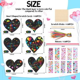 120 Pieces Valentines Day Decoration Scratch Paper for Kids Rainbow Paper Art Set with 3D Stickers Scratch Sticks Ribbons Valentines Crafts for School Class Kids Gifts