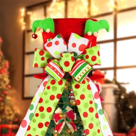 Christmas Tree Topper Large Green and Red Velvet Tree Hat with Elf Legs Lengthened Bowknot Polka Dot for Funny Holiday Party Home Indoor Xmas Tree Decorations