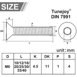 Tunejoy Countersunk Screws M6 x 35 mm Stainless Steel A2 V2A Countersunk Head Hexagon Socket DIN 7991 Full Thread with Allen Key Pack of 20