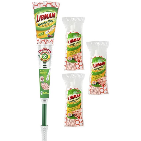 Libman Wonder Mop & Refills Kit – for Tough Messes and Powerful Cleanup – Easy to Wring, Long Handled Wet Mop for Hardwood, Tile, Laminate. Includes Three Replacement Heads, Machine Washable, 62 Inch