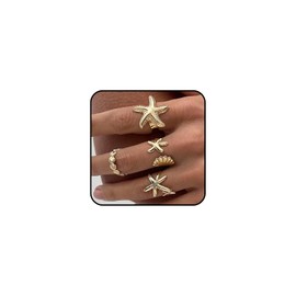 GIGB PBDK Gold Chunky Beach Starfish Ring Set for Women Bohemia Adjustable Seashell Open Thumb Ring Stackable Sea Star Knuckle Rings Vacation Playa Accesorios (Gold)