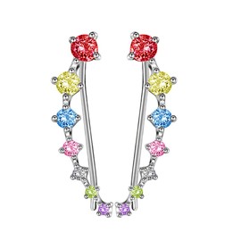 Colorful Climbers Cuff Wrap Cubic Zirconia S925 Sterling Silver Fashion Studs Crawler Pierced Earrings for Women 7 Crystal CZ Hypoallergenic for Sensitive Ears Gifts for Birthday Sister Bff