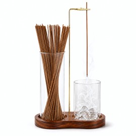 2-in-1 Walnut Wood Glass Incense Holder for Sticks, Anti-Ash Flying Incense Burner with Glass Ash Catcher & Incense Storage, Incense Stick Holder for Meditation, Yoga, Spa, and Home Decor