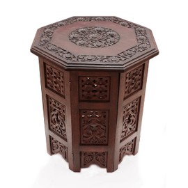 COTTON CRAFT Solid Wood Accent End Table - Hand Carved Vintage Boho Folding Side Table - Small Spaces Entryway Farmhouse Living Room Bedside - No Tools Assembly - 18x18 Octagon - Brown