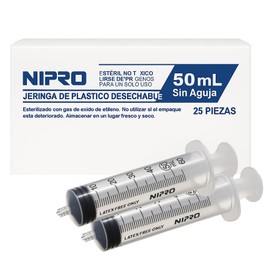 Jeringas Desechables NIPRO de Plástico 50 mL sin Aguja Luer Lock, Grado Médico, Esterilizadas Caja con 25 Piezas