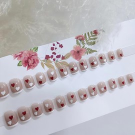 Valentine's Day French Tip Press on Nails Short Square Fake Nails Glossy Nude Pink False Nails with Red White Hearts Design Cute Reusable Glue on Nails for Women Girls Manicure Art Decorations 24Pcs