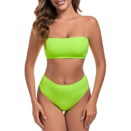 Colloyes Women's Bandeau Bikini Sets Removable Straps Lace Up Swimsuits High Waisted Two Piece Bathing Suits Neon Green Size X-Large