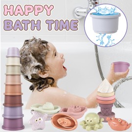 Stacking Cup Toy for 1 Year Girls, 21 Piece Baby Bath Toy Set, Water Table, Pool Beach Toy for 6-12 Months Toddlers, Sand Toy, Birthday Gift for Boys Girls 2 3 4