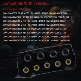 VS50606R Engine Valve Cover Gasket Kit for 2001-2005 Honda Civic 1.7L DX LX EX HX GX V-TEC D17A1 D17A2 D17A6 D17A7 036-1599 VS50384 VC4034 VC41700 56029100 12341PLC000 12030-PLC-000