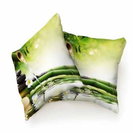 Beabes Pillow Case Green Bamboo Pattern White Flower Stones with Flow Water and Burning Candle Soft Decorative Set of 2,Square Home Decor Pillow Covers for Sofa Bedroom Car Couch 18X18 Inch