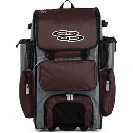 Boombah Rolling Superpack Baseball/Softball Gear Bag - 23-1/2" x 13-1/2" x 9-1/2" - Gray/Maroon - Telescopic Handle - Holds 4 Bats - Wheeled Version