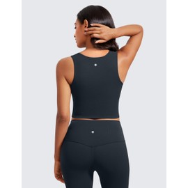 CRZ YOGA Butterluxe Womens Longline Square Neck Sports Bras - Basic Crop Tank Yoga Workout Tops with Built in Pads True Navy Large