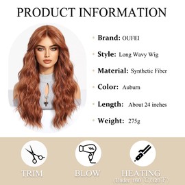 OUFEI Auburn Long Wavy Wig for Women with Curtain Fringe Natural Curly Synthetic Hair Heat Resistant Wigs for Daily Party Cosplay Wear