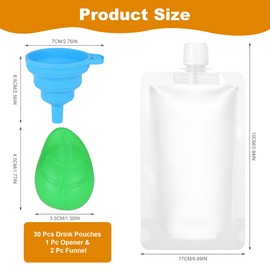 Huiguli Pack of 30 Clear Water Bags, 250ml Reusable Water Bottles with Caps and Funnel, Leakproof Juice Bags for Parties, Picnic, Travel, Sports