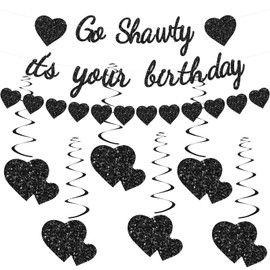 Go Shawty It's Your Birthday Decorations-Black Happy Birthday Banner Heart Hanging Swirls Hip Hop Rap Theme Party Supplies for Women Men Birthday Party