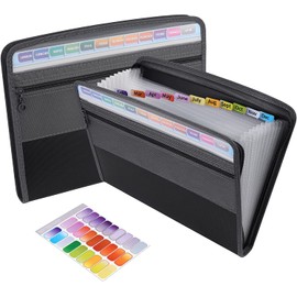 13 Pocket Expanding File Folder with Zipper Closure, Accordion File Folder Document Organizer Expanding Zip File Folder with Sticky Labels, Letter A4 Paper Document Accordion Folder, Black