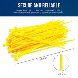 Abacus Range Yellow Cable Ties 4.8mm x 200mm, Pack of 100, Secure Self-Locking, 8” Nylon Zip Ties, High Tensile Strength Premium Plastic Cable Tie for Home, Office, Cables, Wires, Garden, DIY Projects