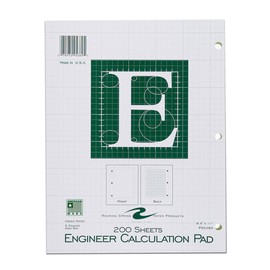ROARING SPRING 5x5 Grid Engineering Pad, 15# Green, 3 Hole Punched, 8.5" x 11" 200 Sheets, Green Paper,95389