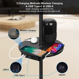 JCPYIUL Industrial Floor Lamp Tray Floor Lamps with USB Wireless Charging Port ＆ Charging Outlet Standing Lamp Rustic Farmhouse Reading Lamps for Bedroom Living Room Office