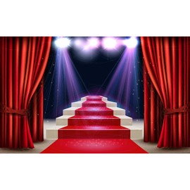Theater Stage Backdrop Red Curtain Stage Photography Background Lights Wooden Floor Festival Celebration Red Carpet Background Children Adults Portraits Photo Video Studio Decor 7x5ft