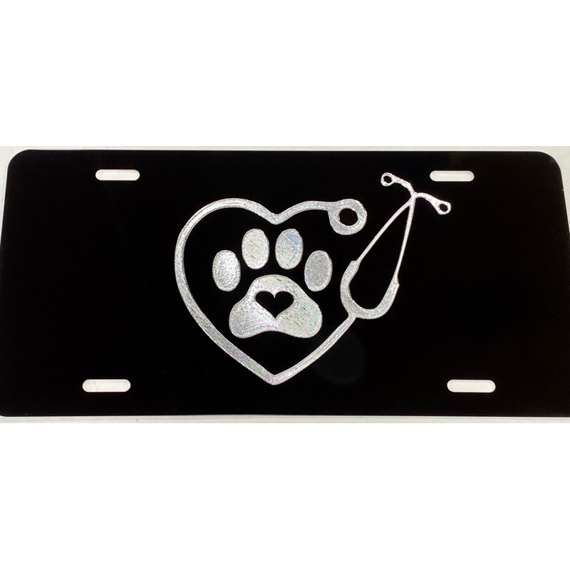 Engraved Veterinarian Dog Paw Car Tag Diamond Etched Vanity Front