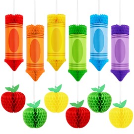 12 Pcs Crayon Hanging Honeycomb,Back to School Pencil Apples Colorful Ceiling Decorations,Paper Decor for First Day of School Party,Classroom Bulletin Board,Preschool,Office,Graduation,Birthday