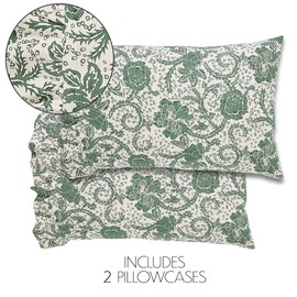 VHC Brands Dorset, Farmhouse Ruffled Pillow Cases, Standard Size, Floral, Green, 21x26, Set of 2