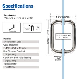 NovaNectar Glass Shower Door Handle, Bathroom Shower Door Replacement Handles, Back to Back 304 Stainless Steel Pull Hardware for Sliding、Frameless Shower Doors Pull Handle (Chrome, 6 inch)