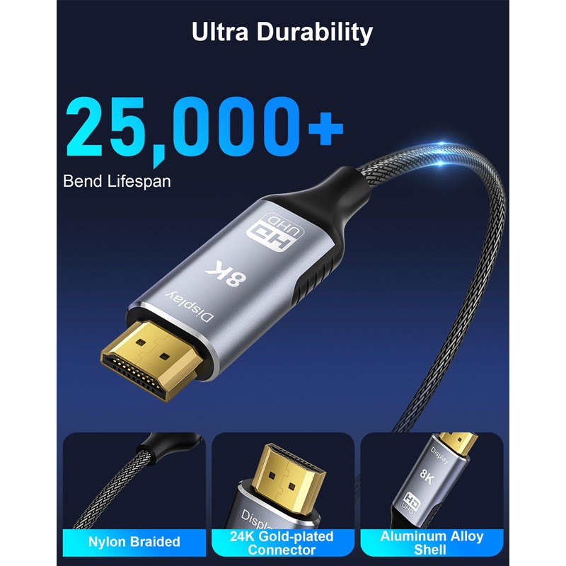 8K DisplayPort to HDMI 2.1 Cable 6.6FT - 8K@60Hz 4K@240Hz,